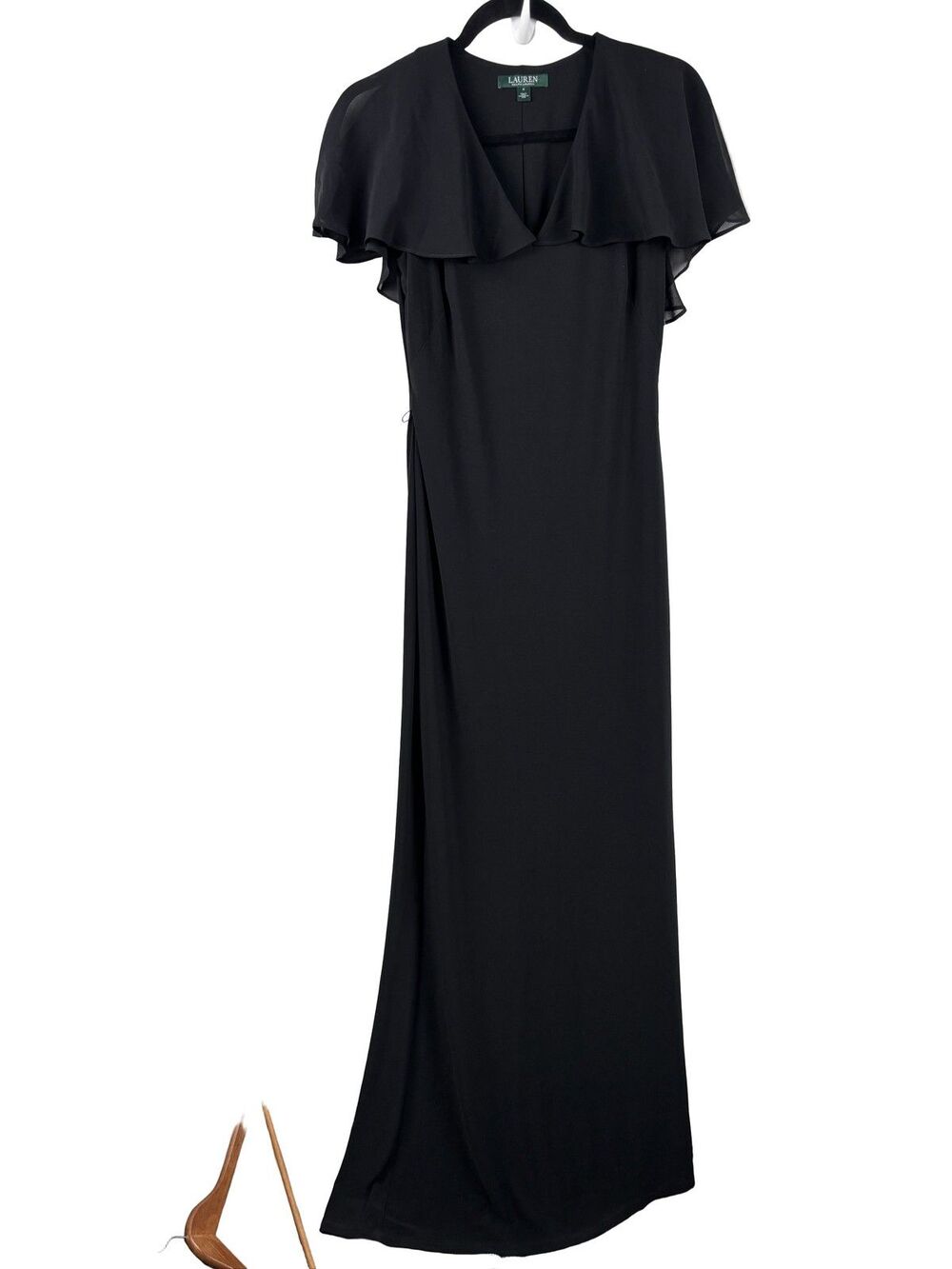 NWT Ralph Lauren Black Ruffle V-Neck Maxi Dress 4 Gown Formal Elegant